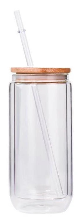 16oz Glass Snow Globe Cup w/ Bamboo Lid & Clear Acrylic Straw