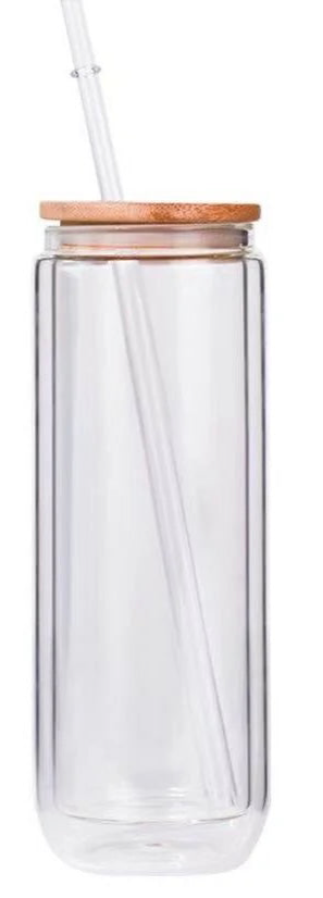 20oz Glass Snow Globe Cup w/ Bamboo Lid & Clear Acrylic Straw